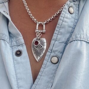 Aztec Mystical Heart Shackle Necklace - chunky silver chain evil eye pendant
